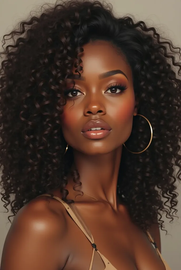 Draw me a woman with a beautiful face structure with a beautiful face structure with dark skin tall plump lips with curly hair 