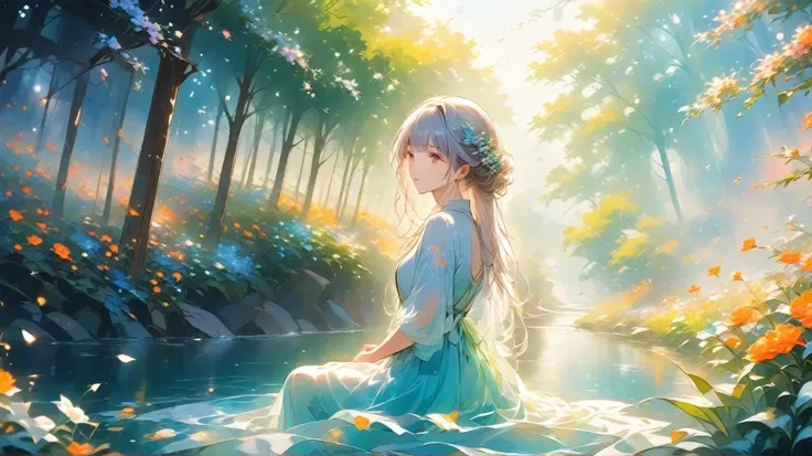 ( top quality,4K,8k,  High Definition  ,   masterpiece  :1.2),standing up picture、 Silver Hair、semi-long hair,Her face is of the highest quality 、 The texture and depth of the painting is breathtaking ,   is playing 、 and fantasy ,    gracefully envelops h...