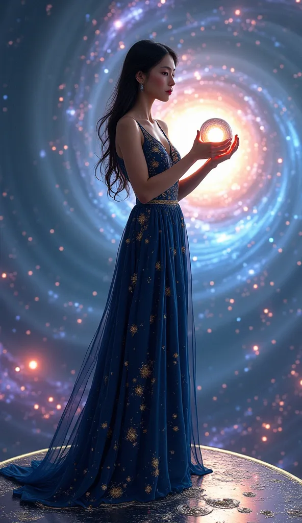 A young woman, of mixed Asian and Latin American descent, aged 25-30, stands poised on a shimmering, iridescent platform hovering above a swirling vortex of vibrant nebulae. Her pose is confident, yet contemplative, her weight balanced subtly on one leg, t...