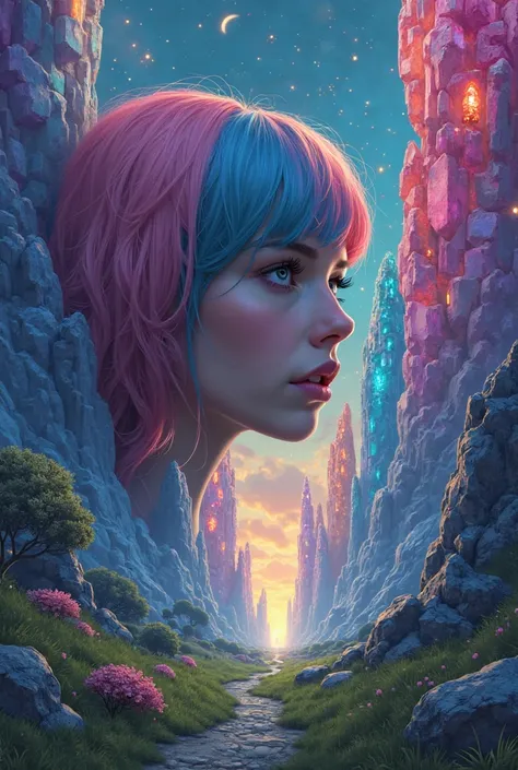 
The pink and blue-haired lady's face fills the foreground, her features captured in exquisite detail as she turns to look over her shoulder at the viewer. Her eyes reflect a mix of wonder and bewilderment, her lips slightly parted in silent awe. The vibra...