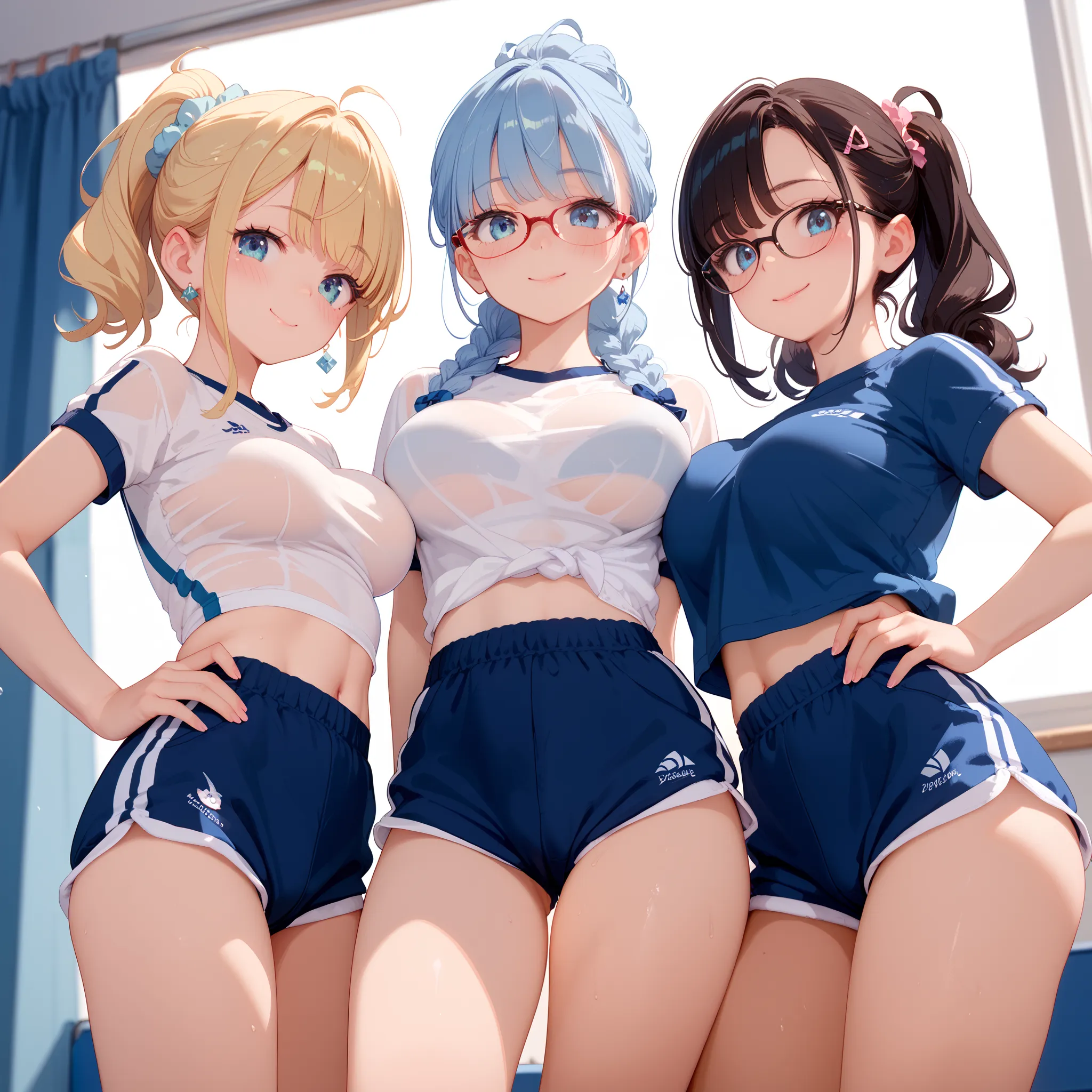 ((Glasses Girl)),Three people lined up,( gym clothes, bloomers),Big Breasts,stares at viewers, POV Perspective ,embarrassed smile