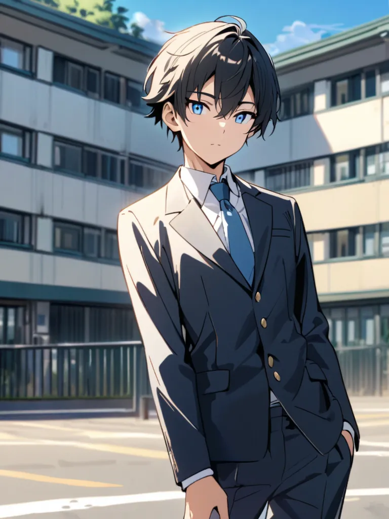 a young male, beautiful, with light blue eyes ,Smooth anime-style black short hair with pretty looking details and fine lines.With a strong and slender body, wearing a school uniform, white shirt with blue tie,And navy blue pants.Schoolyard background