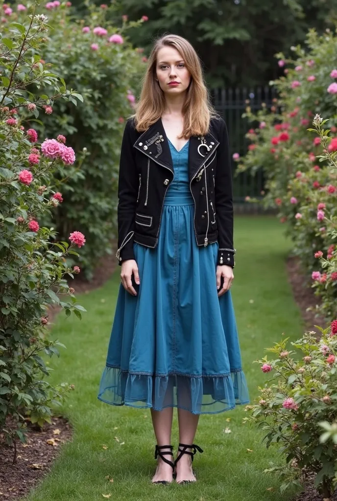 there is a woman standing in a garden with a blue dress, an album cover inspired by Olive Mudie-Cooke, instagram, naive art, wearing jacket and skirt, wearing jacket, wearing a fancy black jacket, around 1 , taken in the early 2020s, photo taken in 2 0 2 0...