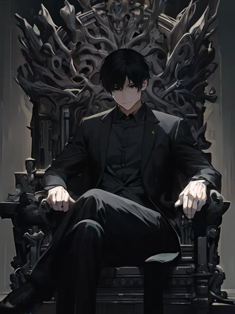 (masterpiece, high resolution, anatomically correct), solo, a man, 33years old man, adult man, short straight black hair, black eyes, (black suit, black dress shirt), faint smile, (background：shadowy elegant, throne, relax, fascinating), crossing legs