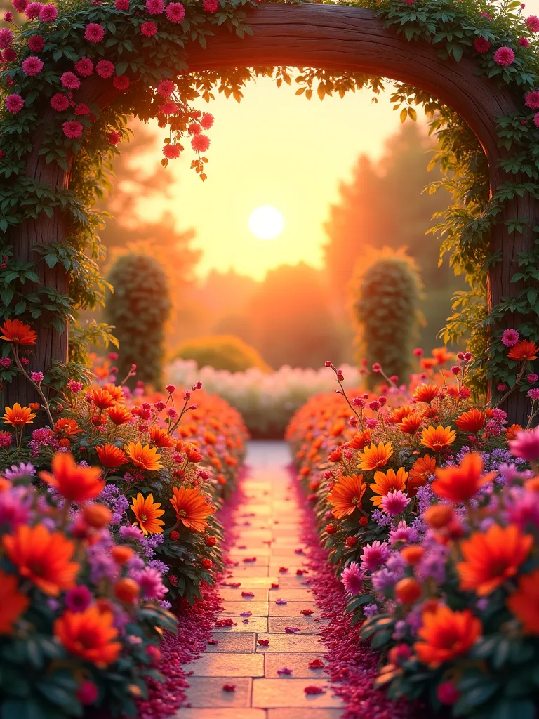 a garden, various colorful flowers, A sunset at the end of the image, reflecting its rays in the garden, Exuberant image , Realistic image