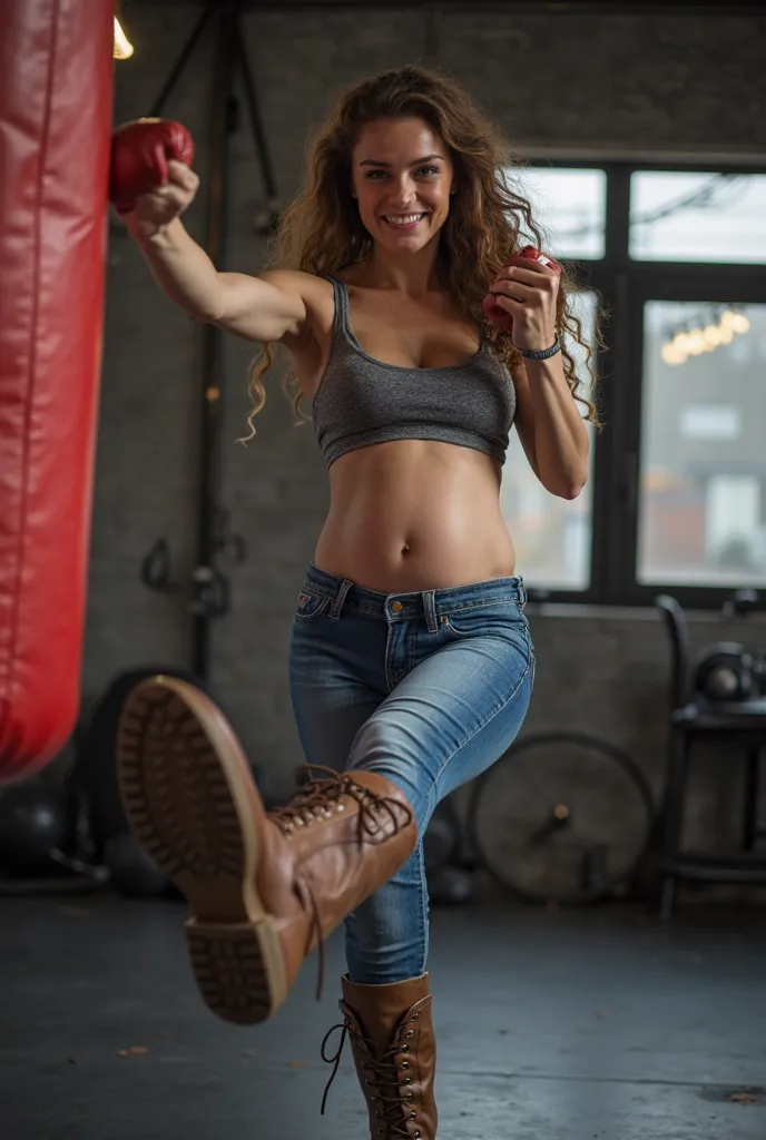 I want the image to show the full body of a pregnant girl in a frontal position to the image (i.e. front view) and in action kicking a punching bag in the gym; and I also want her full look to be visible, where I want her to be seen with unbuttoned jeans, ...