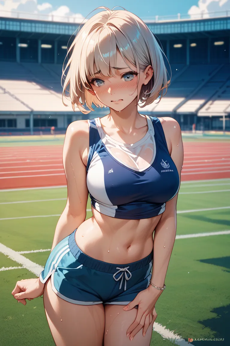 18 years old　Japanese　female high school student in uniform　 track and field athlete　boyish　tank top　shorts　sweat　short bob　Her Breasts Are Exposed　embarrassed expression