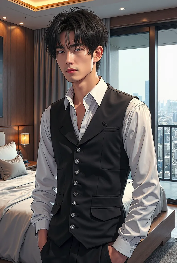 a drawing of a Chinese male idol wearing a suit vest with a black background, clothes with silver borders and buttons, Short hair with bangs, In the background a luxurious and cyberpunk double bedroom, a single bed of 1,4 meters wide equipped with new bedd...