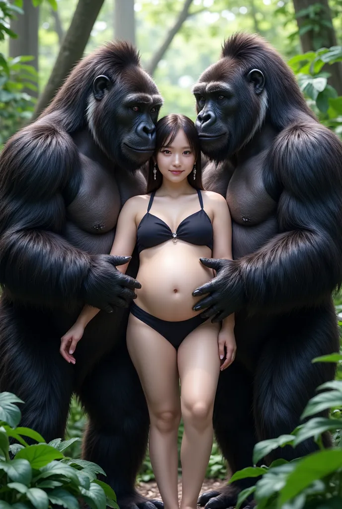 Two gorilla touching the body of a plumpy pregnant asian woman, she had a big hip and big thigh, tied-up hair, no ear-rings, no bandana, wearing a beach volleyball costume, location in the jungle,  