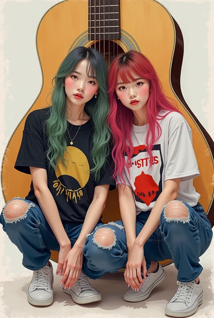 two beaitiful korea girls,long pink green red hairs,wearing a black white red yellow motif very big t shirt and broken dark blue jeans and white shoes..squatting like dogy style,big guitar background