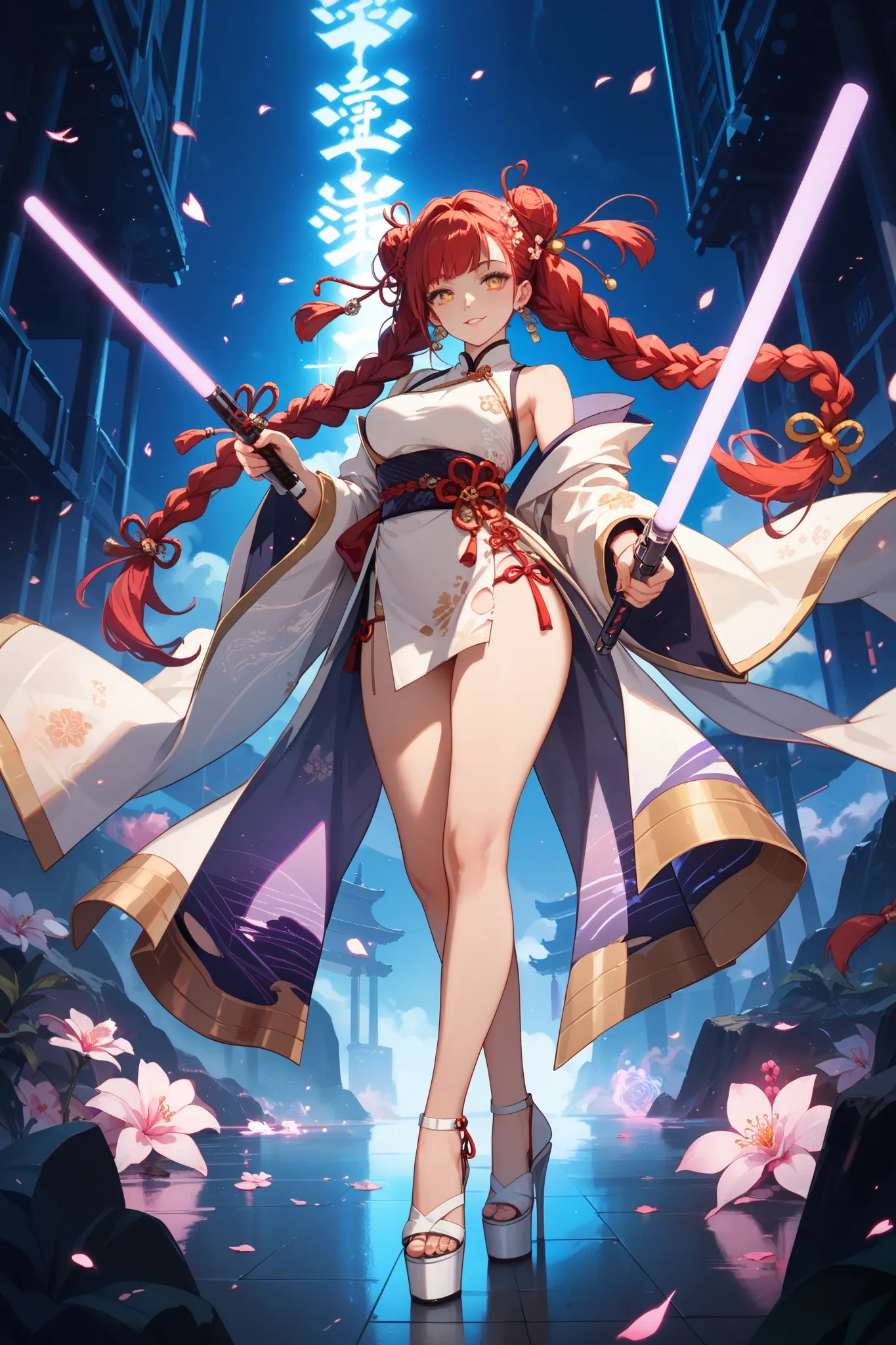 A beautiful young oriental girl, Jedi Master on an Apocalyptic Battlefield , holding a fluorescent purple lightsaber, long red hair with braids, glowing golden eyes,  Perfect Body, Defect Free, wearing ripped oriental-type clothes, wearing white high-heele...