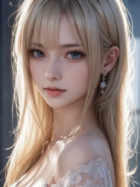 platinum blonde silky hair、masterpiece、best quality、High Resolution、High Resolutionの詳細写真、professional lighting、(((Tops)))、 bangs between eyes 、 hair above eyes、片 hair above eyes、、STRIKE-A-POSE、 portraits、bright expression、Like々white,  twinkle in both armpi...