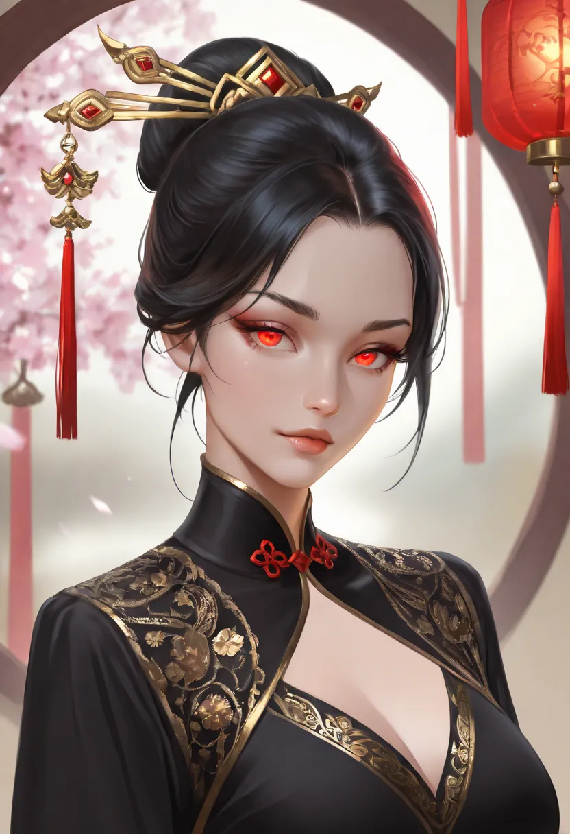 A realistic portrait of a stunning Chinese woman with porcelain skin, deep almond-shaped eyes, and delicate lips. Her long, silky black hair is styled in an elegant traditional updo, adorned with golden hairpins and cherry blossoms. She wears a refined red...