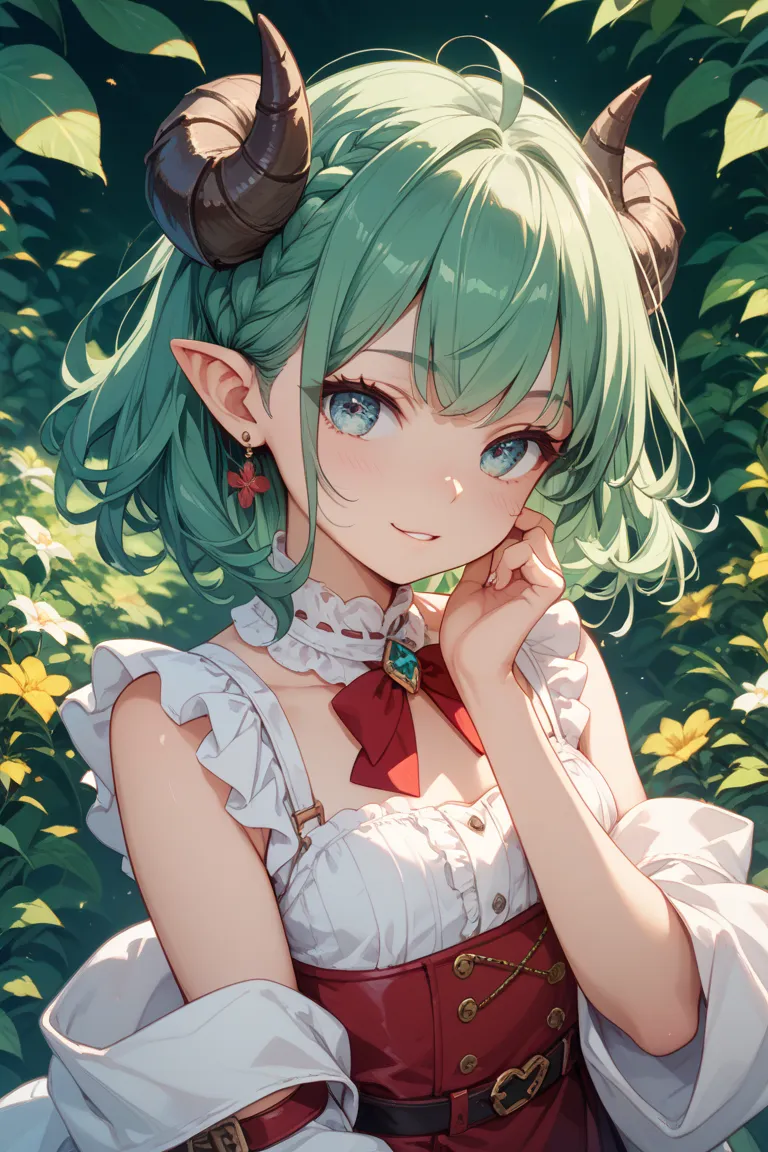  green hair、Shyness、Young girl、horn、short