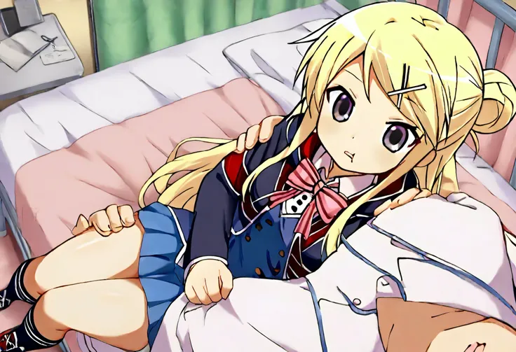 Karen is unwell every day and has autonomic neurosis、Carrying it to the infirmary every morning、1girl solo loss of appetite、nausea、 bedroom,infirmary,Kujou Karen,very long hair,blonde hair,single hair bun,hairclip,x hair ornament,sidelocks,side swept bangs...