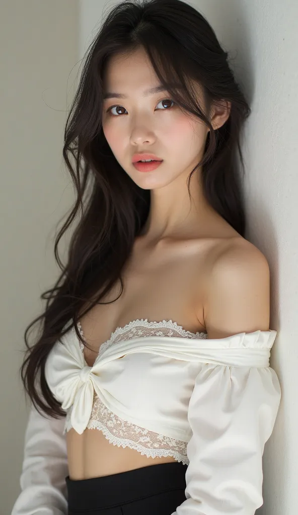 1人のbeauties,long hair,Japanese,beauties,perfect face,Chest,white skin, shoulder out,(beige lace pantiesをみせる:1.2),4K,top quality,beige lace panties,The room is bright、 light shines in ,has won many awards,anatomically correct,accurate,High Resolution,master...