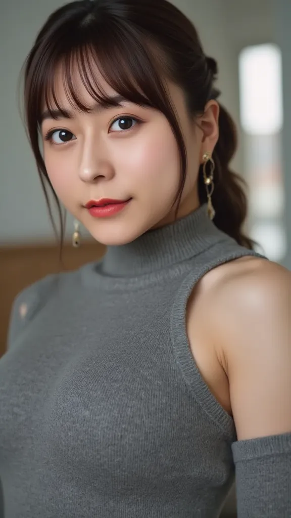   Female 1, beauty, beautiful face ,smile, grey sleeveless turtleneck sweater、  Knitted material  、 hole々stylish look , plump style facing backwards ,,(saggy chest:1.4),(Chest for Men:1.2),  Bust,, Aerial View,  front view, super real, Ultra High Definitio...