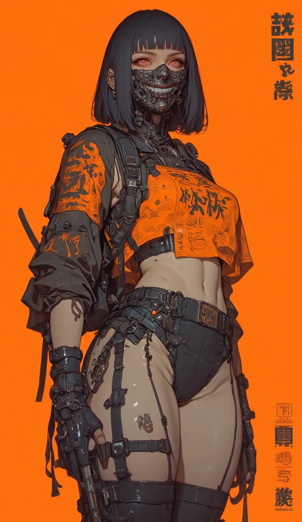 ((Orange background)),women art,40 year old,medium eye size,bob cut with ong hair,boobs,v-line hips,long legs, japanese text written , iconic,luxury,blue night glowing eyes pupils,(((demon smile neck mask))), showing hips,normal body,long chest,queen,thong...