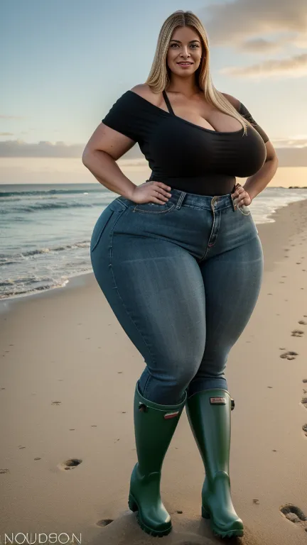 Realistic photo from head to toe,   full body shot, Araffe big curvy muscular blonde BBW,  wide hips,   short jeans , dark green short top with deep neckline,  long strong O-legs, heavy black wellies ,  hourglass figure,   on the beach    , full body shot,...