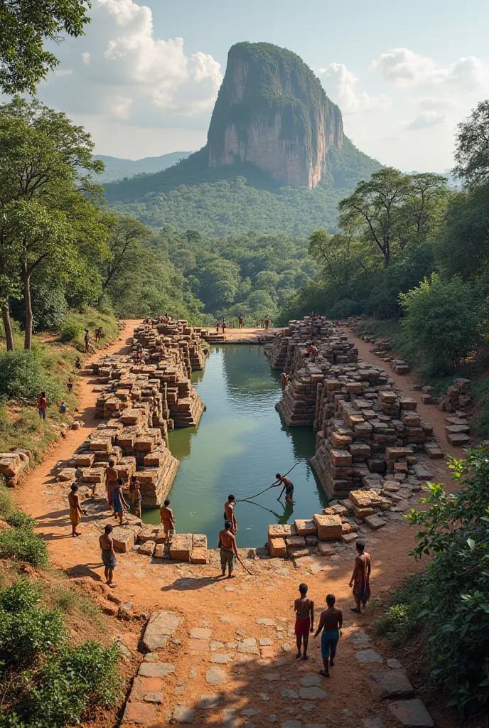 A group of ancient Sri Lankan engineers and workers are digging large pools and laying stones to create the beautiful water gardens of Sigiriya. Some are using primitive tools to carve water channels, while others carefully align bricks to form symmetrical...