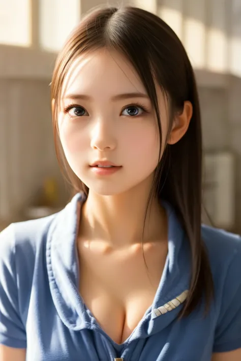 masterpiece,best quality,extremely detailed CG,unreal engine,super detailed skin,detailed beautiful face and eyes,sharpness, Real Photos,beautiful woman, very big eyes,very large breasts,Very small face, standing,the correct way to hit the light, school un...