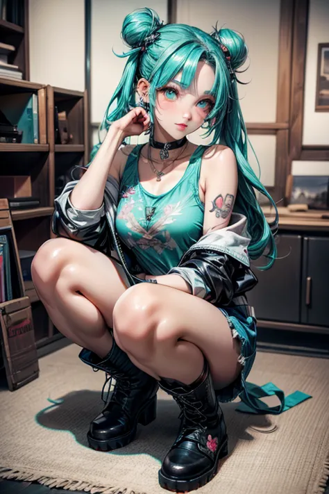 best quality, hyper detailed, FHD, highres, female, looking at viewer, twintail, bun hair, aqua hair, eyes open, big eyes, tank top, , mini skirt, piercing, choker, knee socks, long boots, with a tattoo, beauty mark, in the living room, cel embroidered sat...