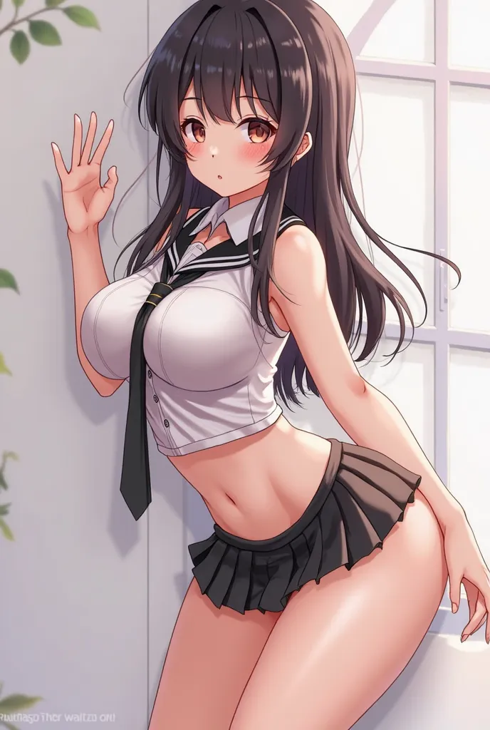 Une femme dessin animé japonais position très sexy gros sein nu qui se baisse de derrier habillé uniforme scolaire sexy court décolleté black hair cute innocent 