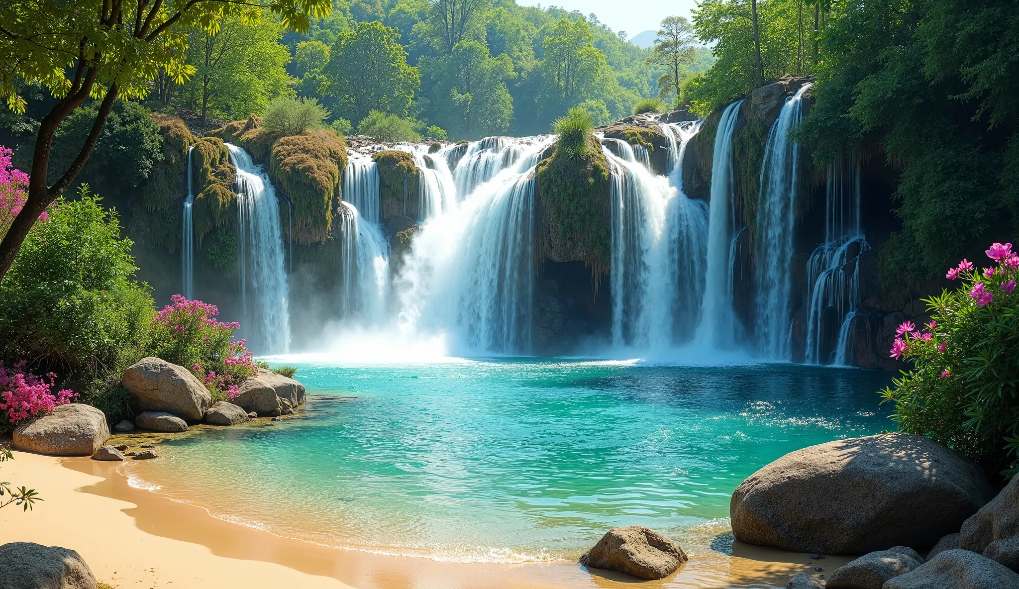  Super-clear waterfalls and their colourful habitats , Clear sand ,  The photo quality is very high , high resolution