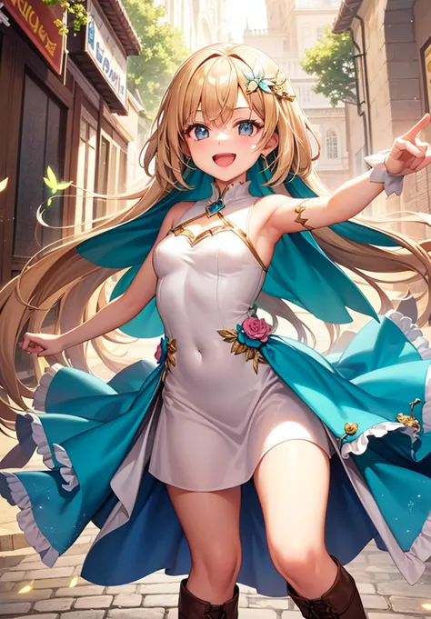 A lively, cheerful anime girl full of boundless energy, radiating an infectious joy that brightens the entire scene. Her sparkling, golden-hued eyes twinkle with excitement, filled with curiosity and pure happiness. Her fair, porcelain-like skin glows soft...