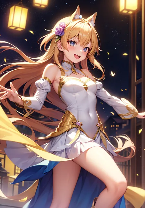 A lively, cheerful anime girl full of boundless energy, radiating an infectious joy that brightens the entire scene. Her sparkling, golden-hued eyes twinkle with excitement, filled with curiosity and pure happiness. Her fair, porcelain-like skin glows soft...