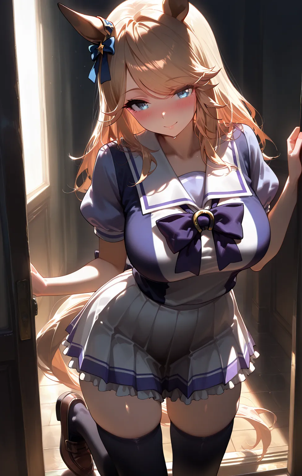 1girl,
Gold City, \(umamusume\),nsfw, indoors, blush,large breasts,((masterpiece)), (best quality), 4k,(absurdres), (ultra detailed), (very aesthetic)```
,smooth skin,tracen school uniform, summer uniform, serafuku, puffy short sleeves, purple bowtie, hors...