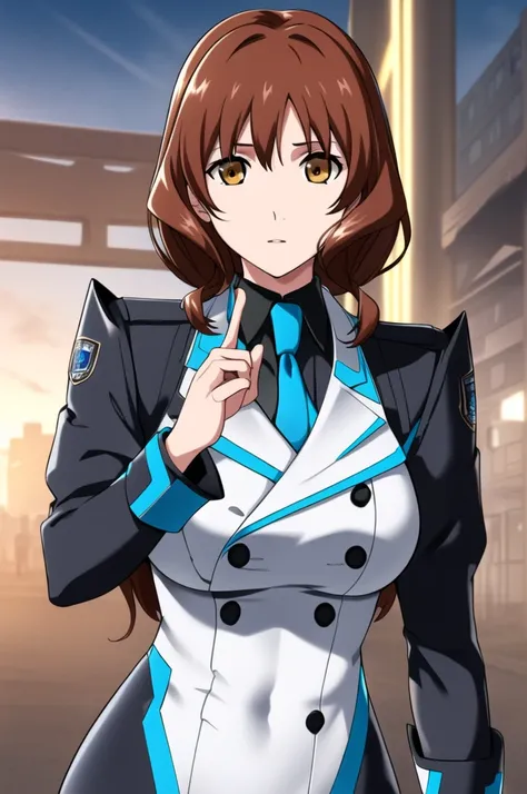 (day:1.7), on the background of an urban landscape with buildings in the background,
standing at attention,
jacket, long sleeves,black jacket, black trousers, blue tie,military, military uniform,
bangs,brown eyes, brown hair,short hair,
1 girl, 20 years ol...