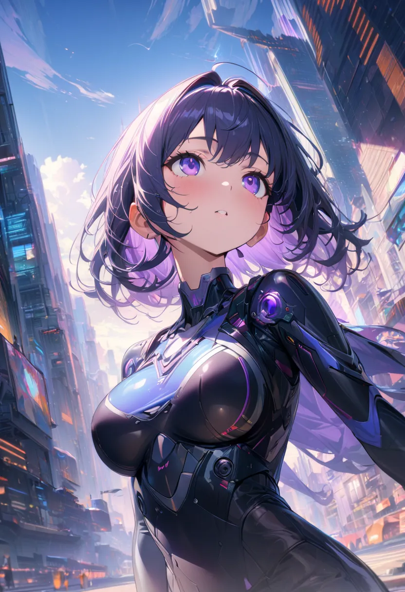 1girl, medium shot angle, upper body, looking up the sky with sunlight, cyber city, Digital painting, kawaii anime, purple eyes, beautiful breasts, (masterpiece, best quality, very aesthetic, ultra detailed:1.2), intricate details, high resolution, 8k, sun...