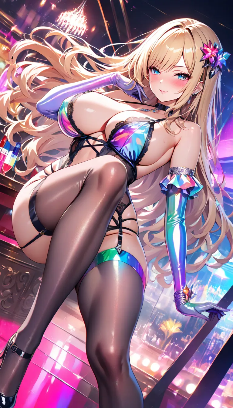 Beautiful Blonde Woman with Voluminous Wavy Long Hair、Rainbow Flower Hair Ornament、( happy、Prostitute、 Bitch、slutty woman)、(iridescent see-through sexy lingerie)、(iridescent see-through stockings、Colorful garter belts、absolute region with to)、(big breasts)...