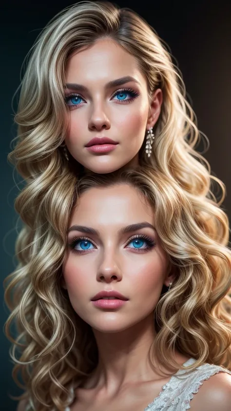 Russian women, beautiful blue eyes, curly long hair style, light blonde, cinematic lighting, realistic portrait, dramatic facial expression, elegant posture, serene gaze, soft skin, detailed facial features, high resolution, photorealistic, studio lighting...