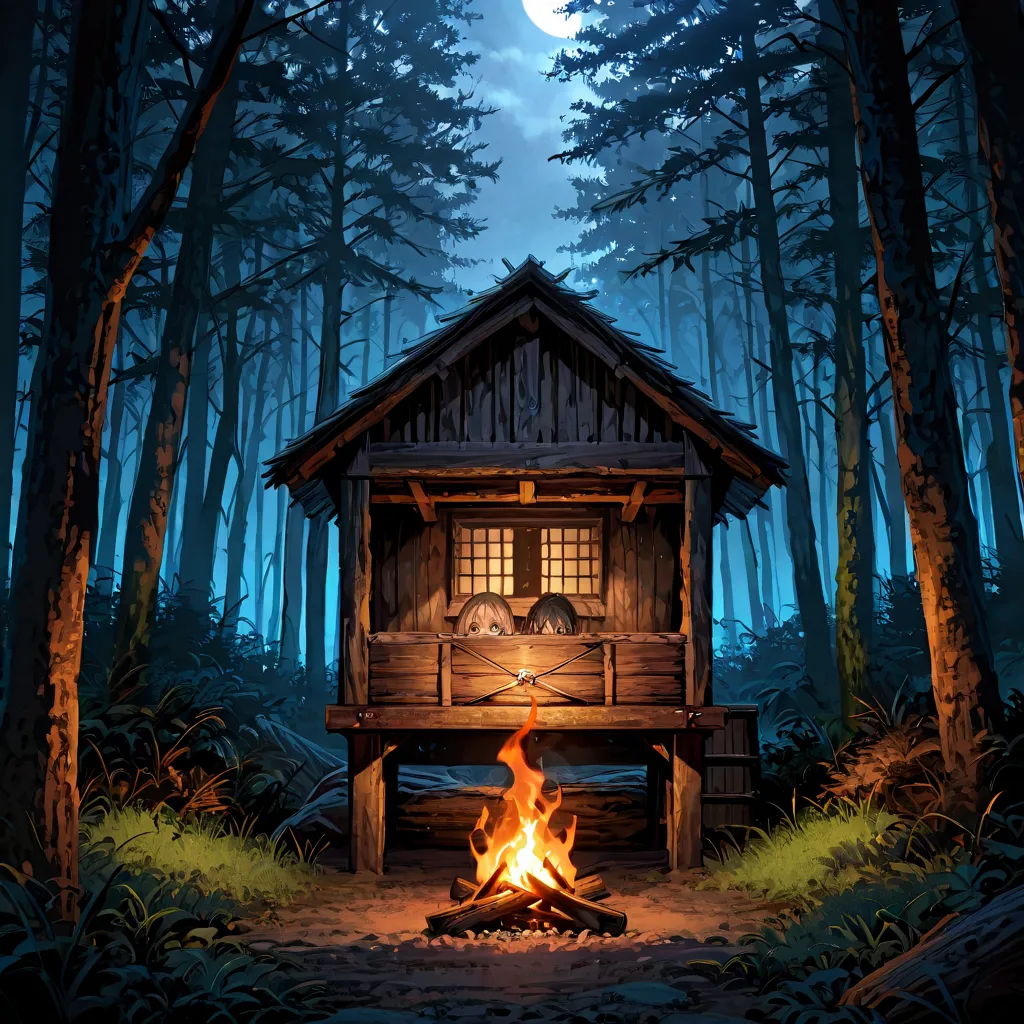 wooden hut, rustic and simple, located near a blacksmith forge and a supply storage, built from rough logs and reinforced with leather and cloth, small but sturdy, a thatched roof covered in moss, a modest chimney with a faint trail of smoke, a warm fire g...