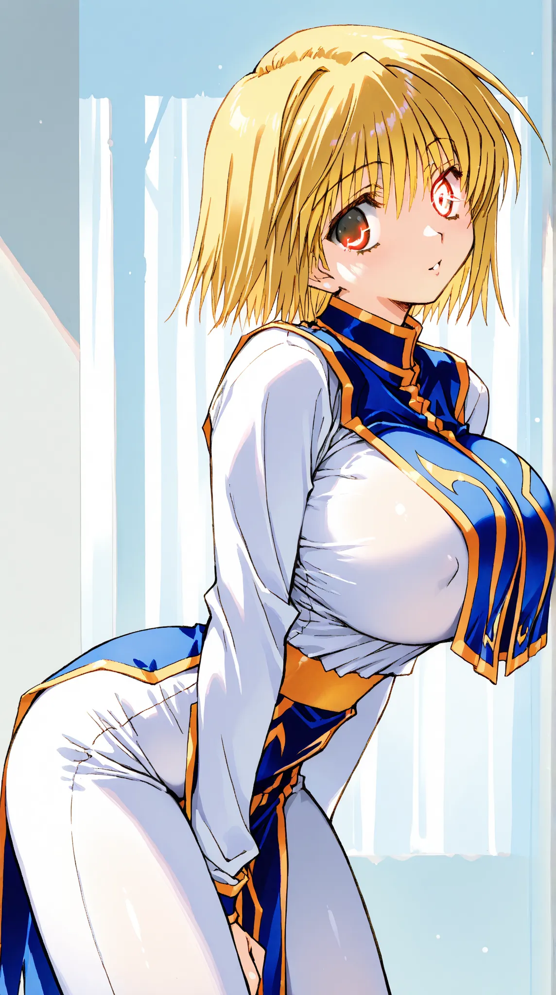 kurapika from hxh, bob hair,blonde hair,grey eyes, sanpaku eyes,beautiful face, perfect face, highly detailed beautiful face and eyes, attractive face,  squinched eyes, 
wink, waist, waistline, massive breasts, saggy breasts, (covered breasts: 1.3), bigger...