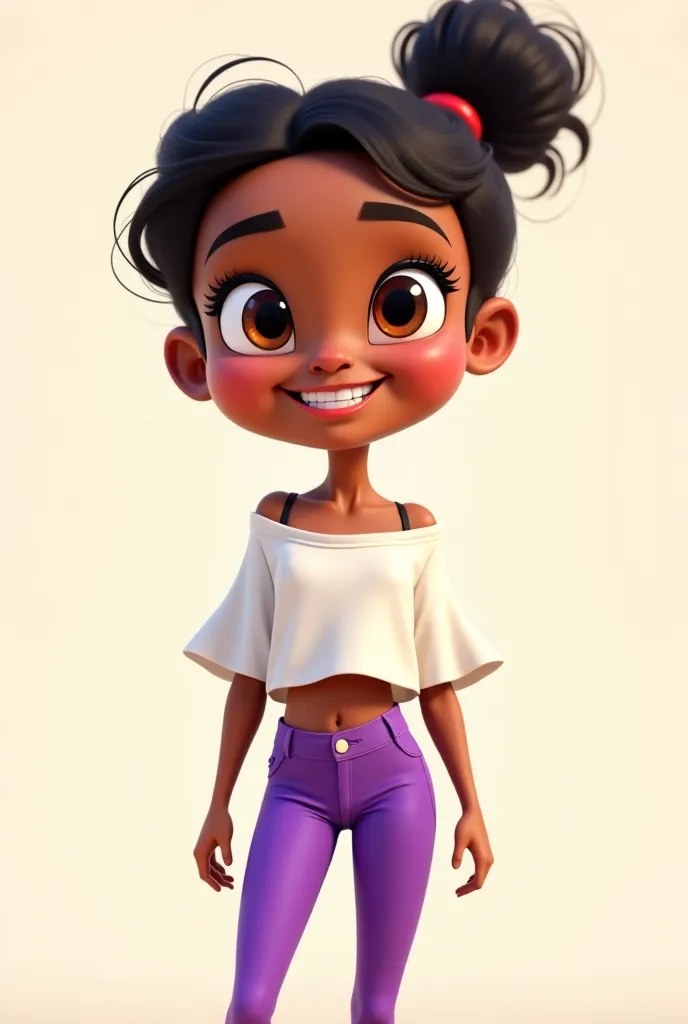 Create the cartoonized animation of a light dark-skinned girl, with a ponytail, that he looks very happy,  brown eyes, a large eyeliner, From Clothes put on tight purple pants and a loose white blouse