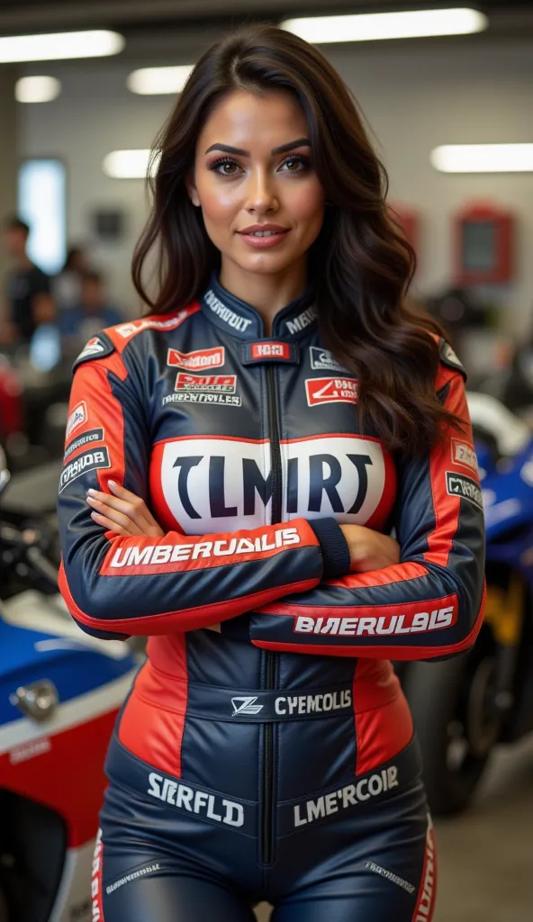 A beautiful Venezuelan woman named Lisa posing as an influencer for the motorcycle repair shop 'Tecniservicios DR.' She wears a professional motorcycle racing suit designed specifically for 'Tecniservicios DR,' featuring the company's logo and a sleek, mod...