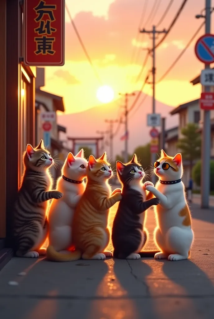 100 cats of different breeds on their hind legs and cute kittens stand one by one in line for sausage The 10th cat is the biggest protective glasses in the sun, the action takes place in fabulous Japan. sunrise and mountain on the store door sign "closed"