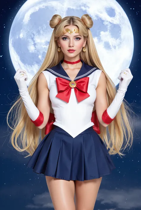 Create an image of a beautiful 20-year-old girl with fair skin and very long straight blonde hair styled in twin tails with double bun. She is wearing a Sailor Moon costume and striking a pose. The background features a large, full moon that fills the enti...