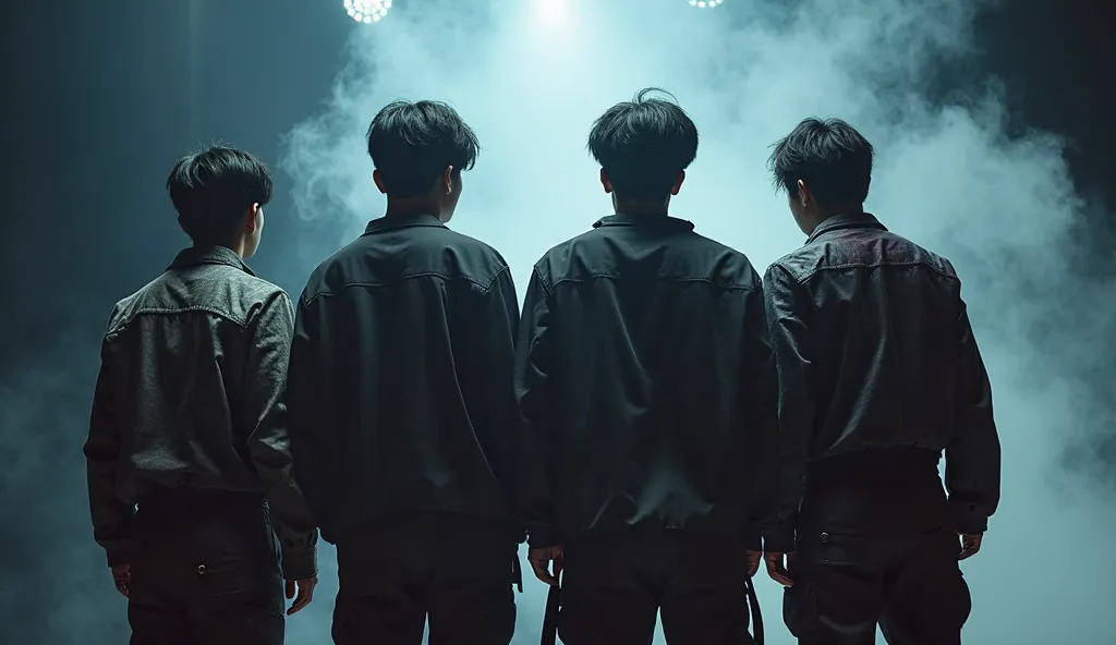 Four Korean men, boy group, seen from behind, detailed clothing, dynamic poses, low angle, stage lighting, smoke effects, high contrast, dramatic atmosphere.