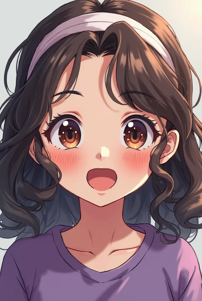 Anime of a white-skinned ager, loose hair without long bangs with dark brown curls , round face with freckles big eyes long eyelashes with a headband. His mouth is open blowing. with a purple shirt 