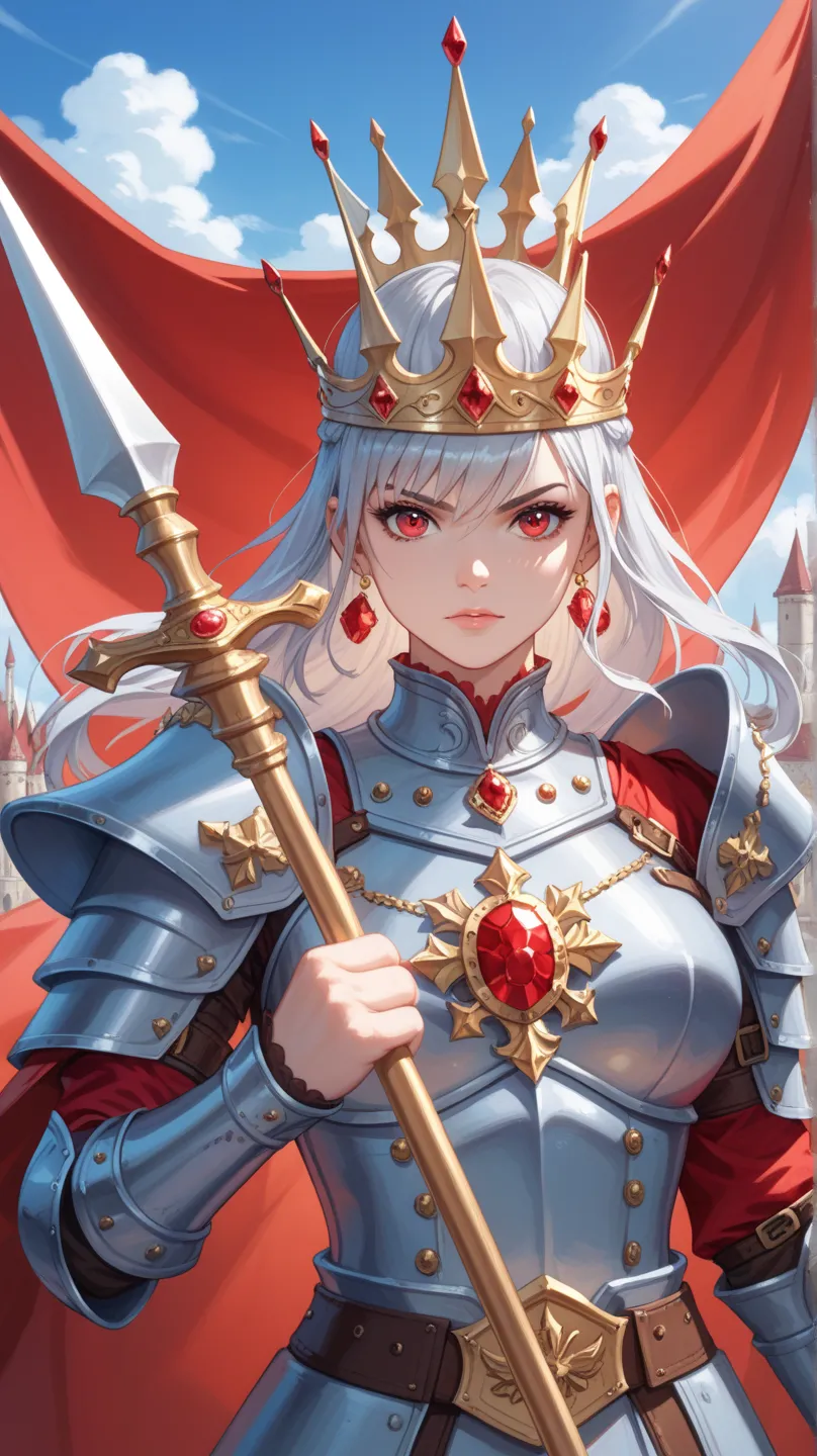 Book cover "Rejected Princess" Boy author "Andréa D. Silva" , a majestic warrior with long silver hair, with intense red eyes and a determined look. She wears dark blue armor richly decorated with gold details and red jewelry. In the head, wears a crown or...