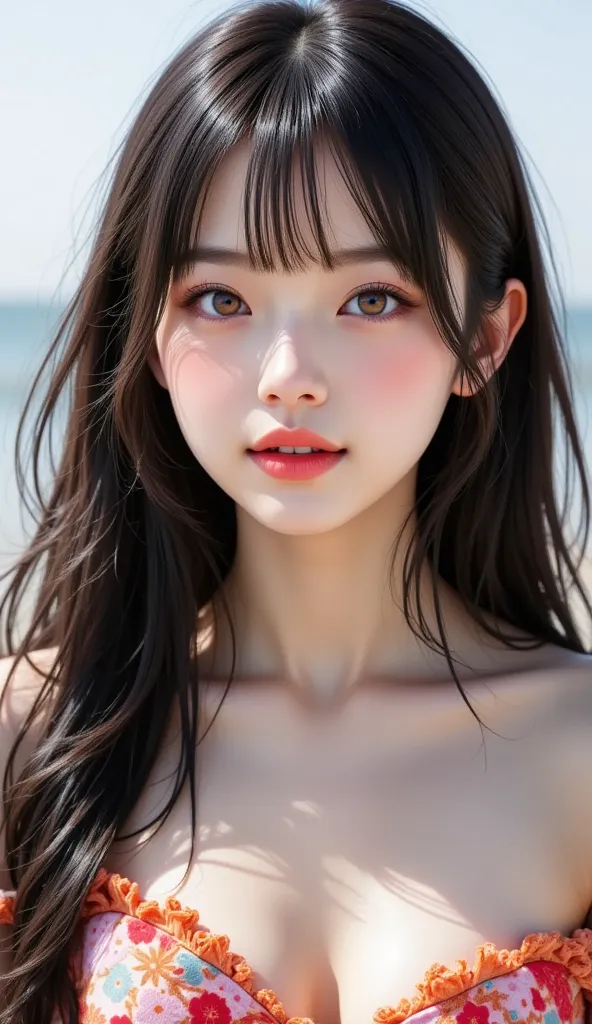 high resolution,  super high quality, 32K, surreal,  realistic photo :1.37,  beautiful woman, , Beautiful details ( eyes, Long eyelashes, Lips), , and her hair,  bangs:1.3, Ji Qie, puppet, Charming Smile, Half open mouth, Head tilt, Light blue, Rift, Middl...