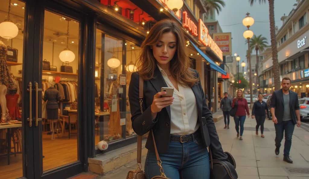 A confident middle-aged woman with shoulder-length brown hair and a poised expression stands in front of her elegant boutique, which has a stylish window display featuring designer handbags and scarves. She wears a sophisticated yet practical outfit—perhap...