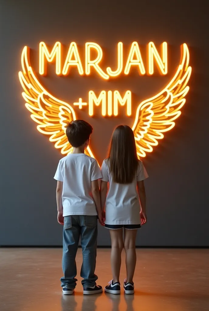 Create a 3D illusion for a profile picture where a  old cute boy and girl in a white shirt sneakers he looks ahead The background features “ Marjan+ Mim “ in big and capital Golden neon light fonts on the dark grey wall There should not be his shadow and t...