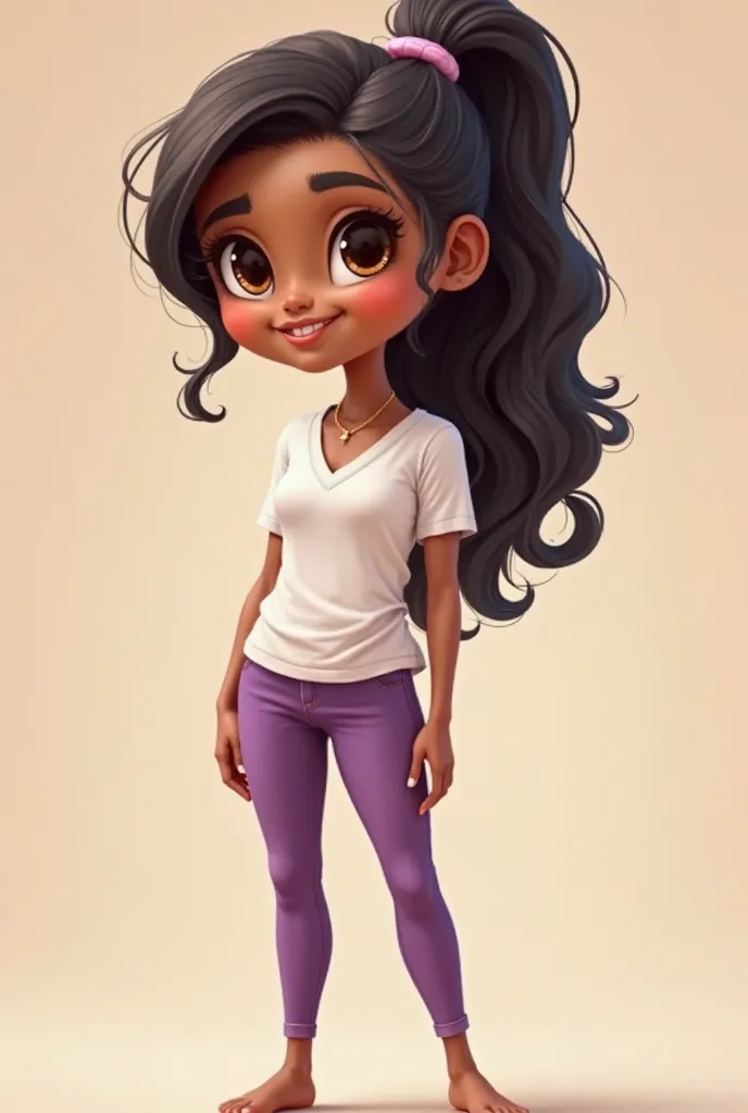 Create the cartoonized animation of a slightly dark-skinned girl with a ponytail, that he looks very happy,  brown eyes, a large eyeliner, From Clothes put on tight purple pants and a loose white blouse