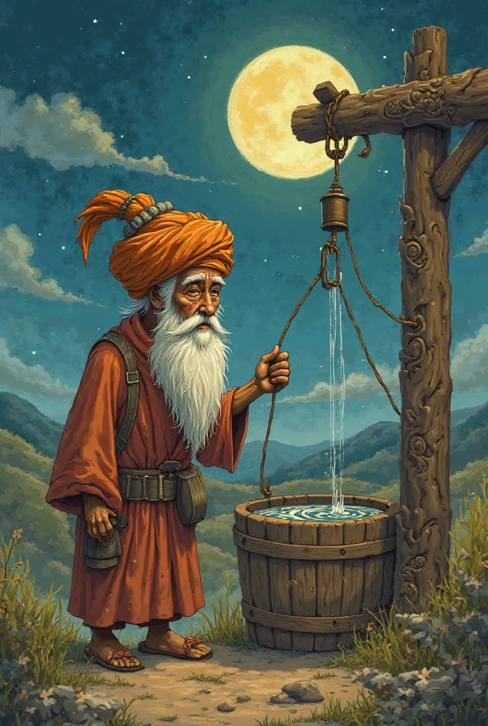 
Dessiner le vieux Mulla Narsoudine avec son grand turban, tirant l’eau du puits avec tonneau attaché à une poulie par une corde dans le ciel la pleine lune