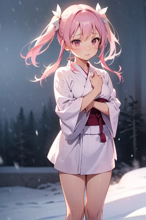 ( girl), (pink shoulder-length hair), (white ribbon twin-tails), (light pink yukata), (pink knee-high socks), (standing in a snowstorm), (cold expression), (visible white breath), (front-left perspective), (white blizzard background), (anime style), (detai...